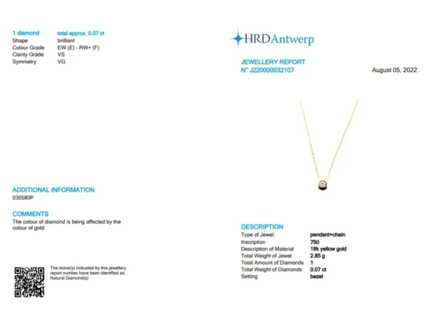 Colgante de cebolla con certificación HRD en oro blanco y diamantes naturales de 0,07 ct