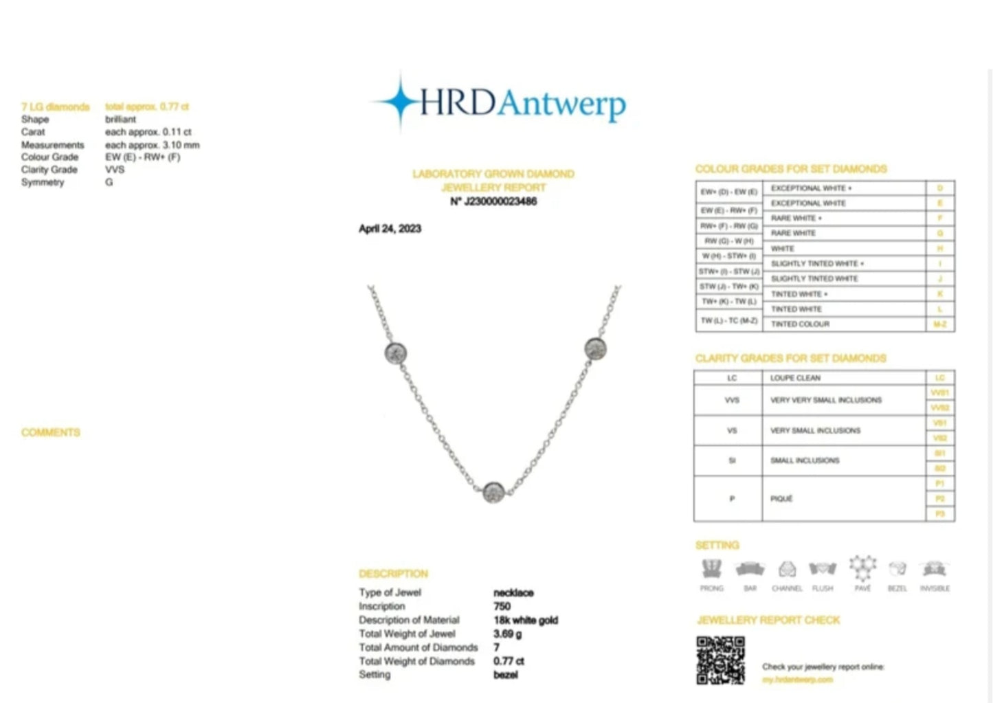 collana certificato HRD IN oro bianco con 7 diamanti naturali 0,77 ct