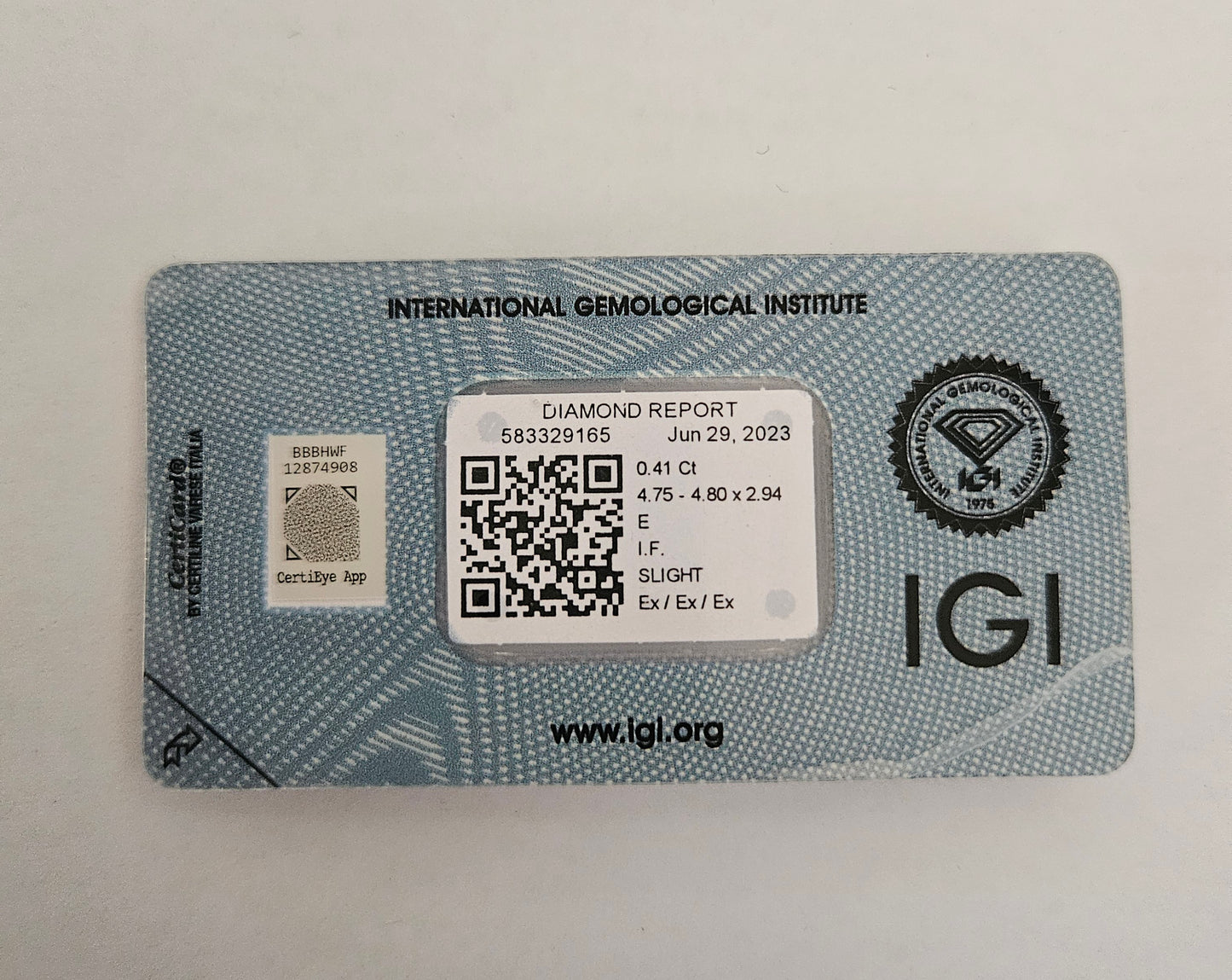 diamanti naturali certificato IGI 0.41ct E IF