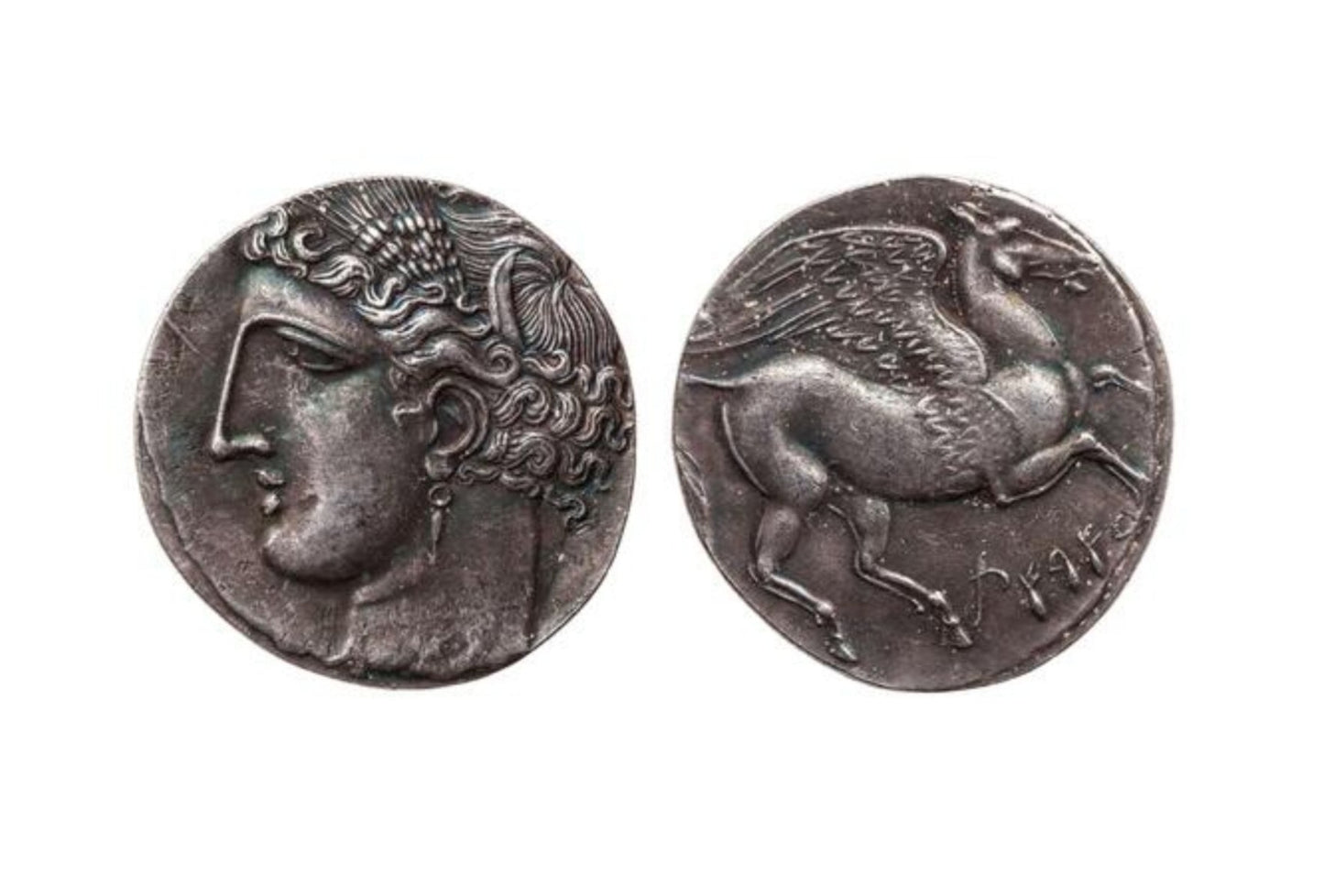 Monedas griegas antiguas de plata 999,9, que representan a Tanit y a Pegaso alado, 5 siclos, 264-260 a. C.