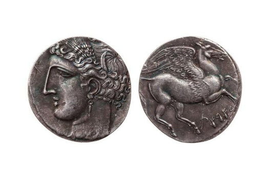 Monedas griegas antiguas de plata 999,9, que representan a Tanit y a Pegaso alado, 5 siclos, 264-260 a. C.