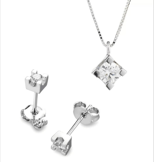 Conjunto completo colgante y pendientes punto luz oro 18k 750 y diamantes naturales 1,35ct D VVS1