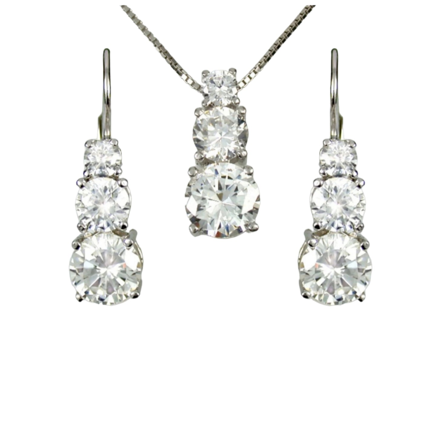Conjunto completo de colgante y pendientes punto de luz trilogía en oro blanco 750 de 18k y 9 diamantes naturales 2,10 ct EF