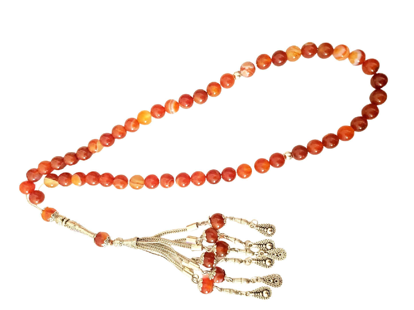 Cuentas de tasbih redondas de ágata natural de color naranja fuego en plata