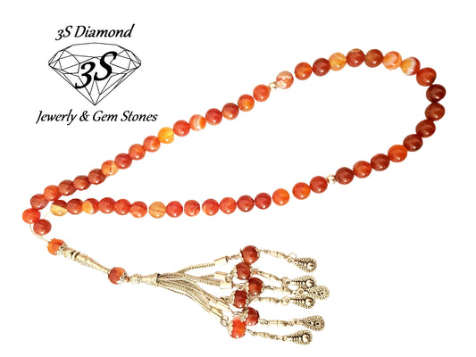 Cuentas de tasbih redondas de ágata natural de color naranja fuego en plata