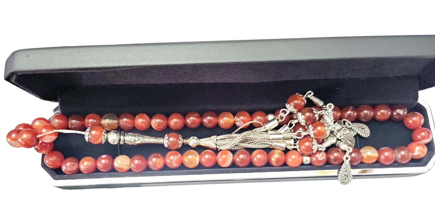 Cuentas de tasbih redondas de ágata natural de color naranja fuego en plata