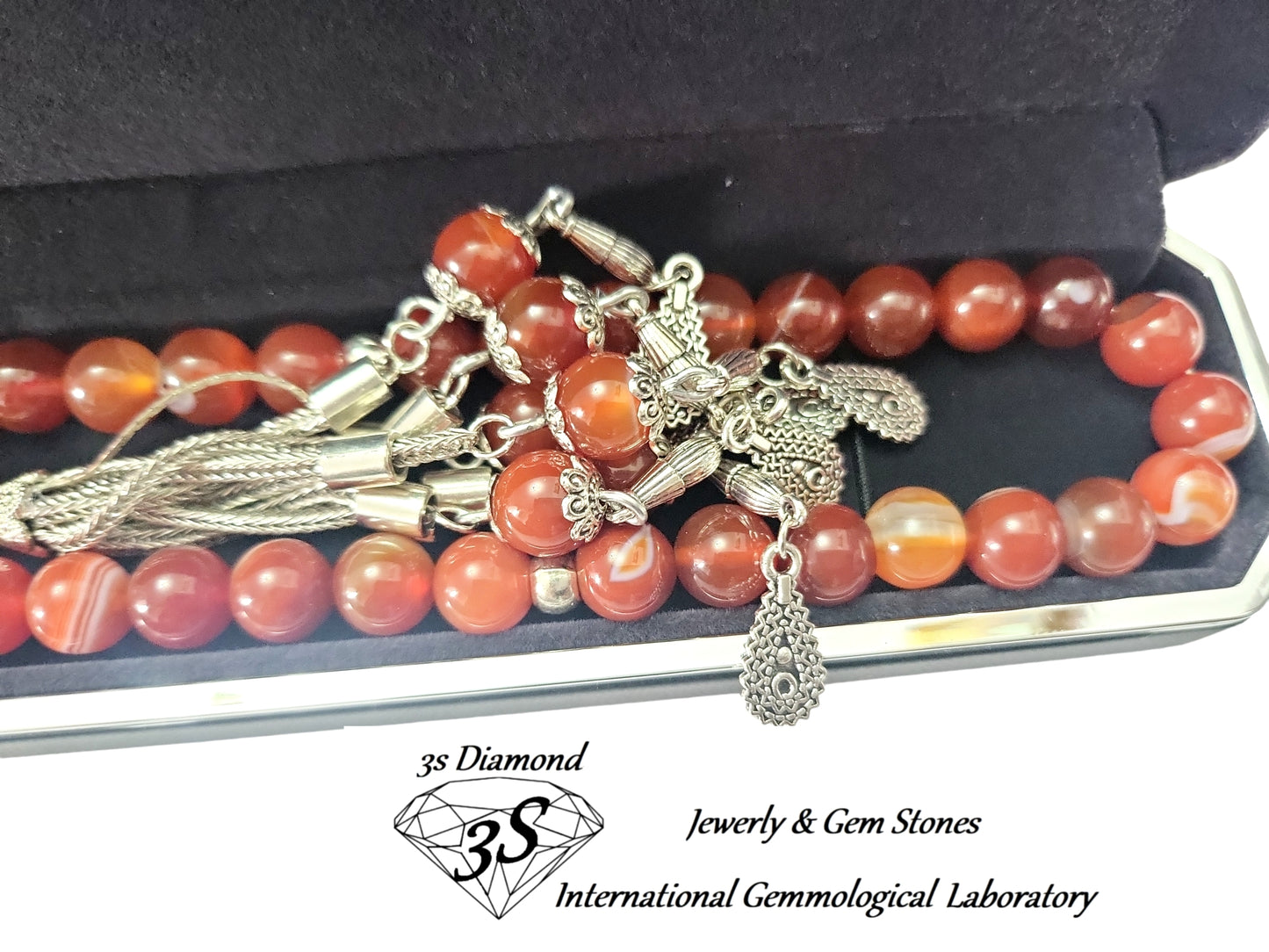 Cuentas de tasbih redondas de ágata natural de color naranja fuego en plata