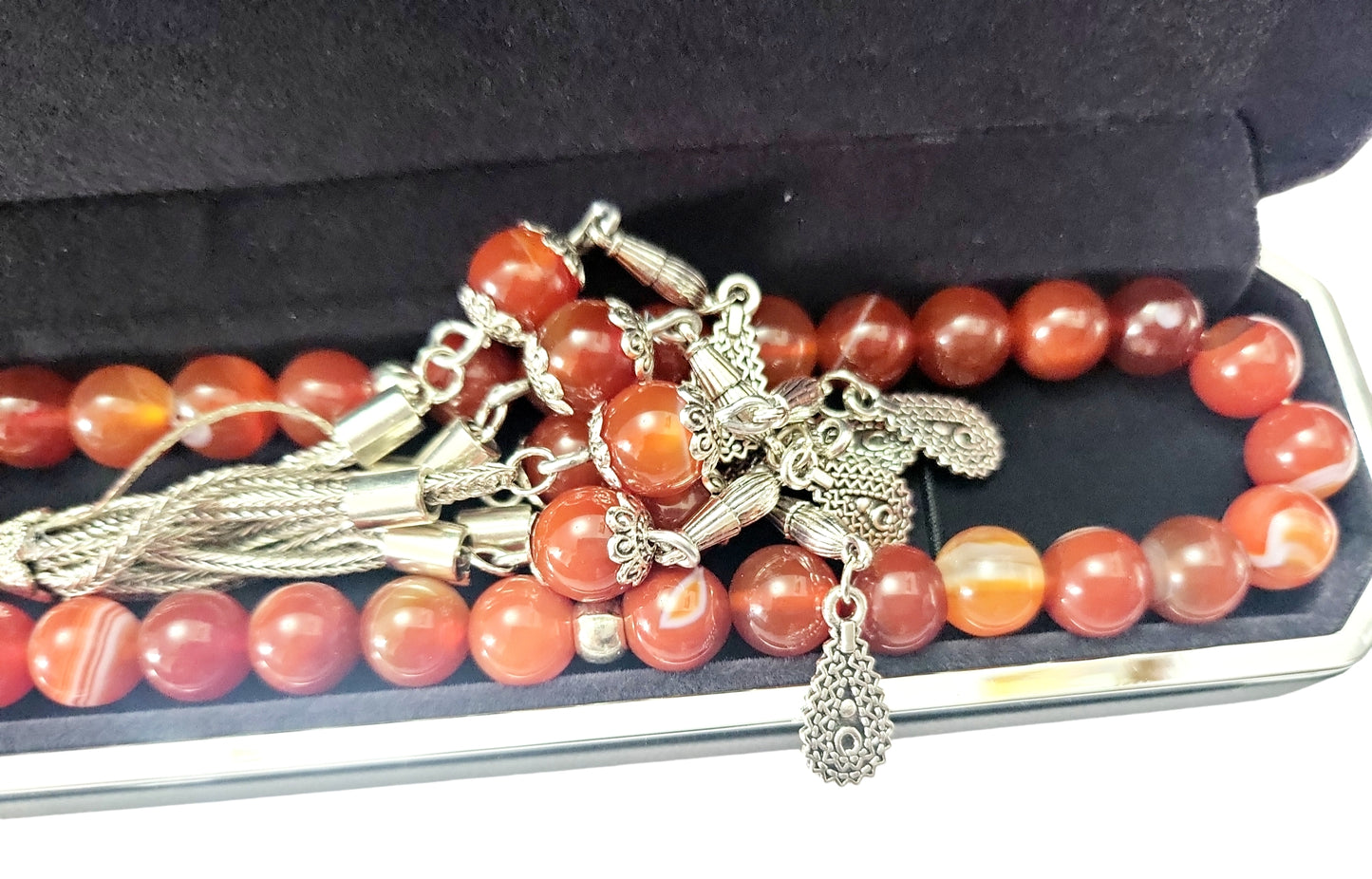 Cuentas de tasbih redondas de ágata natural de color naranja fuego en plata
