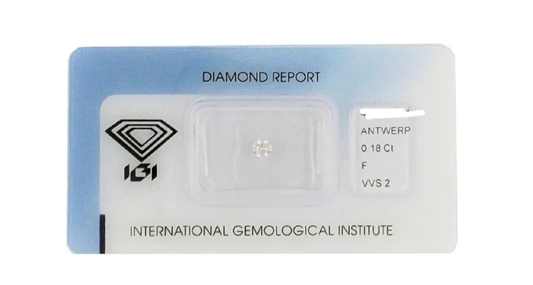 Diamante natural certificado por IGI de 0,18 ct, color F VVS2