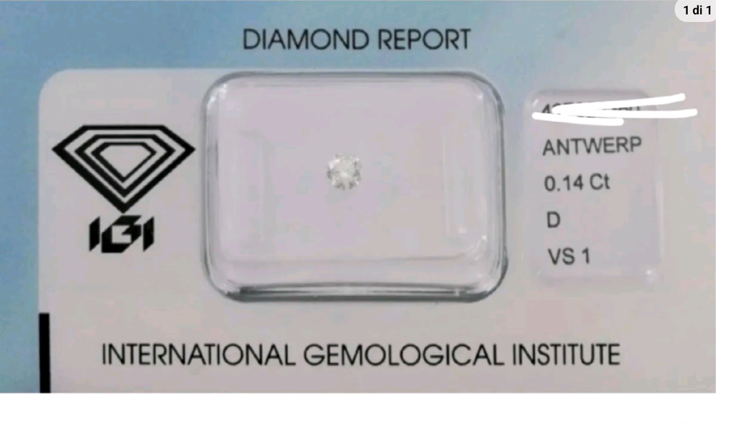 Diamante natural certificado por IGI de 0,14 ct D VS1