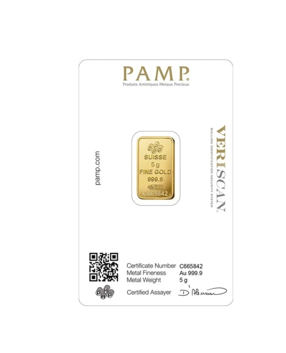 Lingote de oro puro de 24 k de 5, 10, 20, 31,10 y 50 gramos (PAMP)