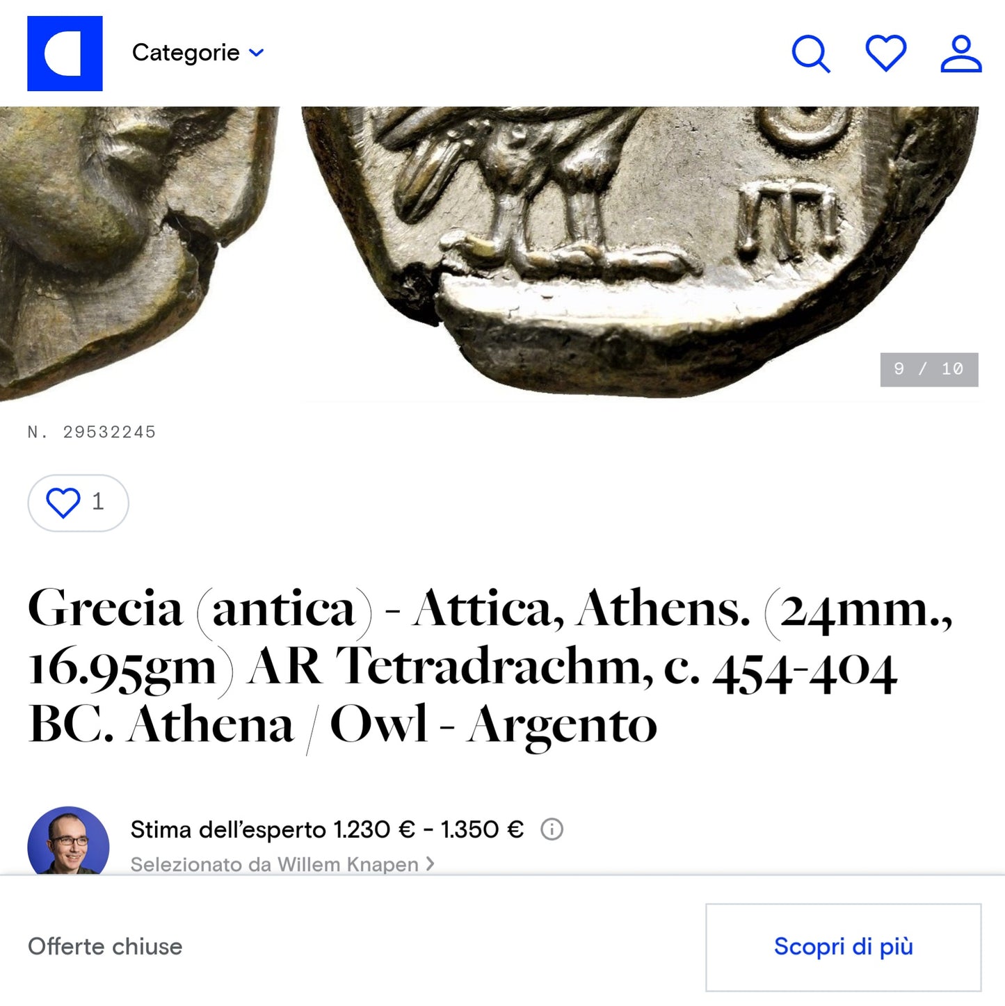 Moneda de plata antigua 999,9 Grecia, Ática Attens Atenea 454-404 a. C.