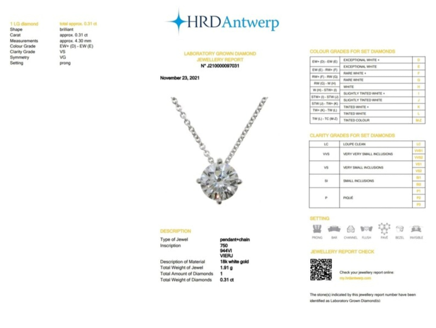 Colgante punto de luz certificado HRD en oro blanco con diamante natural de 0,31 ct