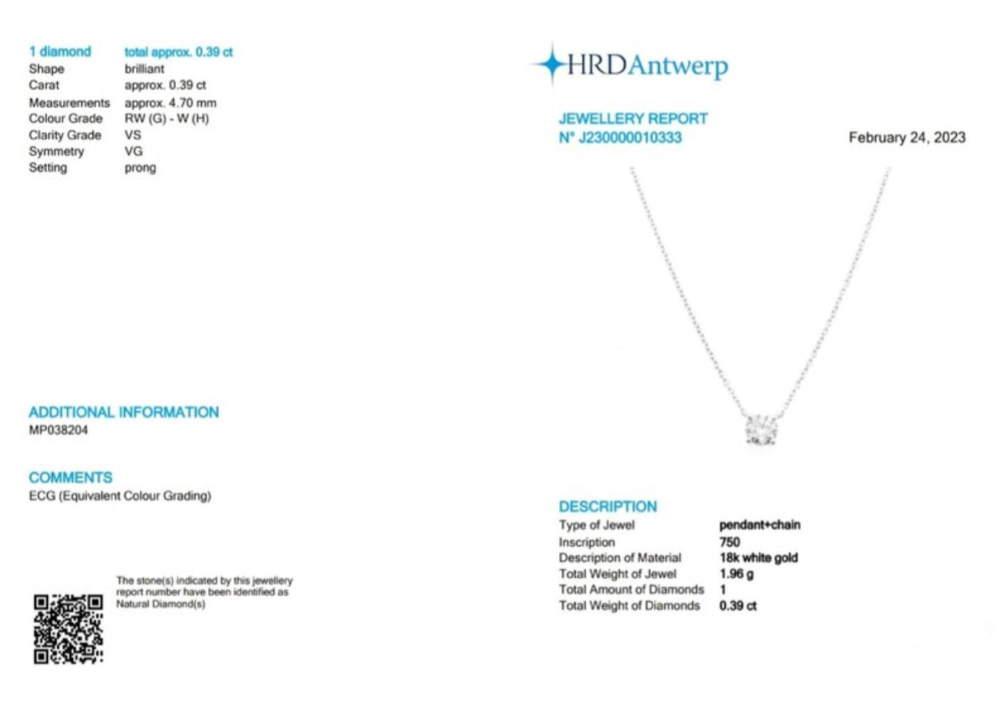 Colgante de punto de luz con certificación HRD en oro blanco y diamante natural de 0,39 ct