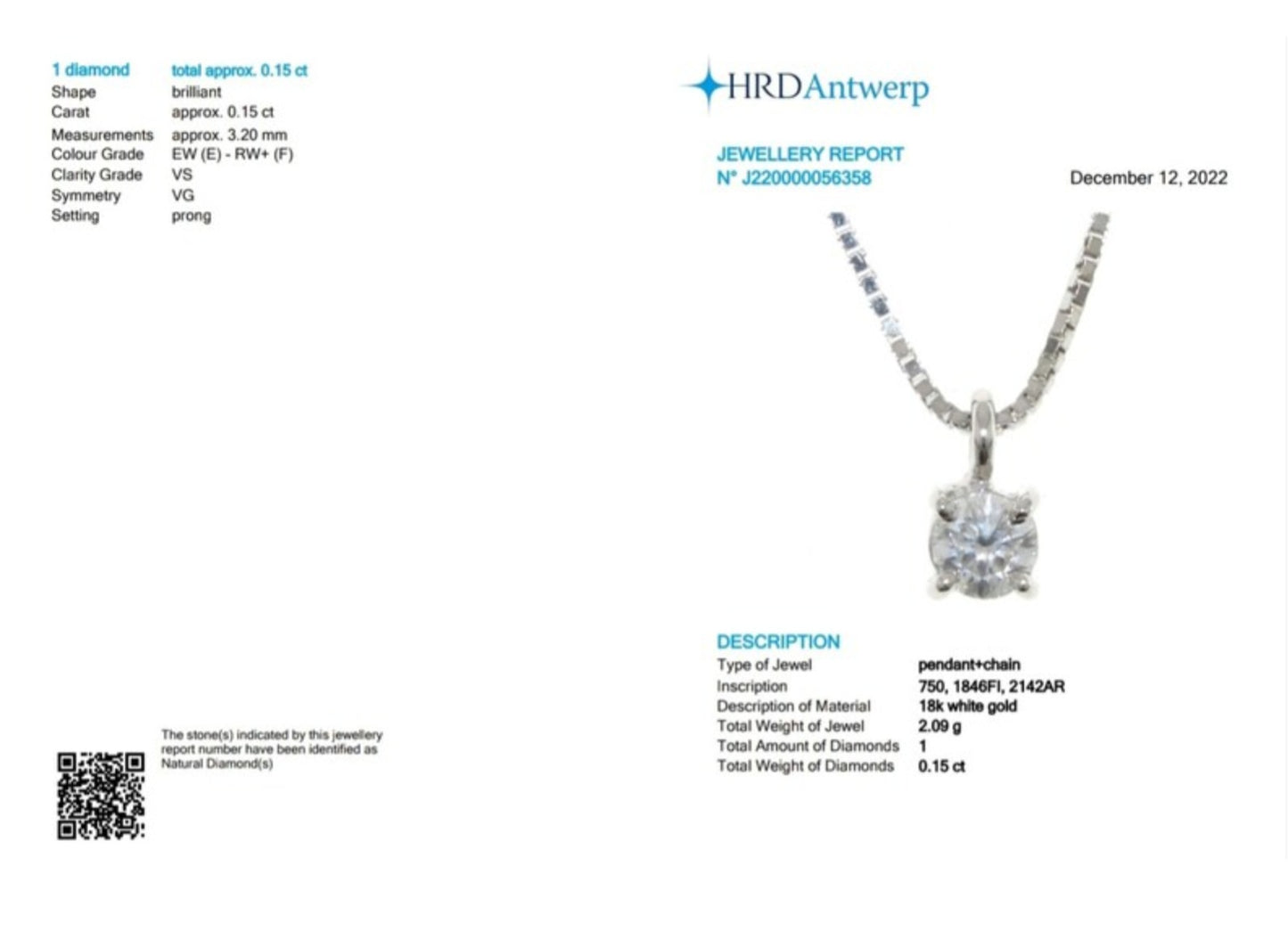 Colgante punto de luz certificado HRD En oro blanco y diamante natural de 0,15 ct